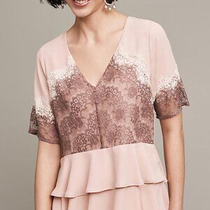 Anthropologie Isla Maude Blush Pink Lace-Trim Peplum Top NWT